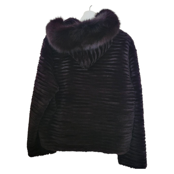 Trilogy Genuine Diet Brown Sheared Rex Rabbit & Fox Hooded Women Jacket Size L - Picture 2 of 8